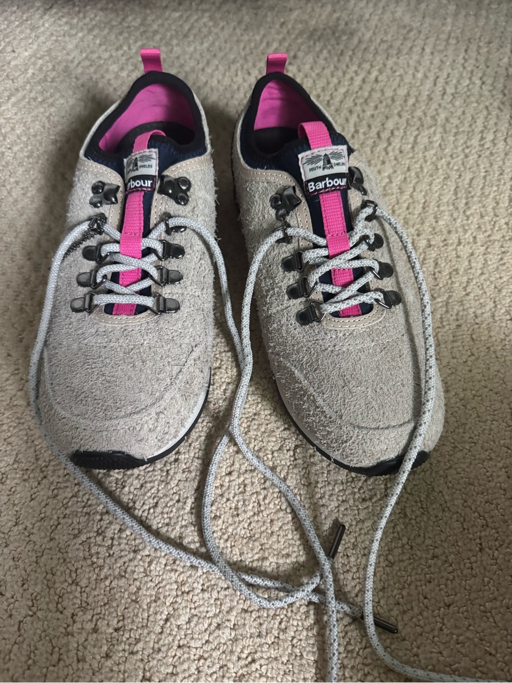 Barbour Taupe Suede Sneakers with Pink Lining and Pull Tabs
